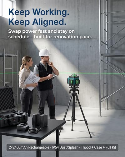 Laser Level, Self Leveling Laser Level 4D 16 Line 360° Green, Tripod & Wall Mount, Remote, Lift Platform, 2×2400mAh, IP54, ±0.2mm/10m