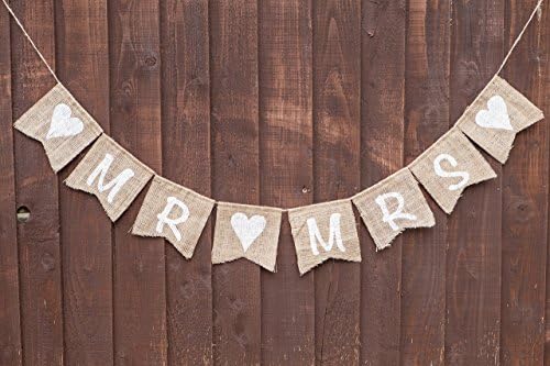 MR & MRS With Hearts Bunting - Vintage Handmade Wedding Decoration Burlap / Hessian Bunting Shabby Chic Rustic Banner