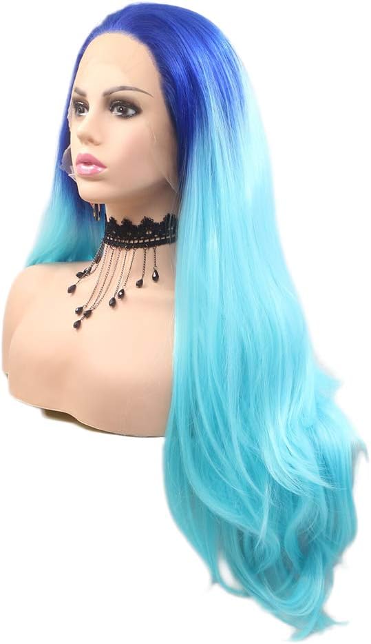 Blue Ombre Wig Realistic Lace Front Wigs for Women Mixed Colorful Long Nature Wavy Synthetic Wig with Baby Hair Glueless Cheap Wig Heat Resistant Fiber Hair Drag Queen Costume Make Up 24inch - Image 3