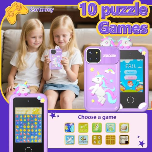 Kids Smart Phone Toys with Case, Dual Camera Travel Toys Educational Games, 2.8" Touchscreen 16 Learning Games Music Player, 32G TF Card, Gifts for 3-7 Year Old Girls Boys (Purple)