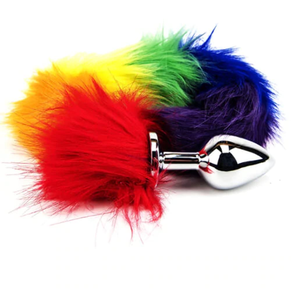 Furry Fantasy Rainbow Tail with Metal Butt Plug, Anal Sex Toys