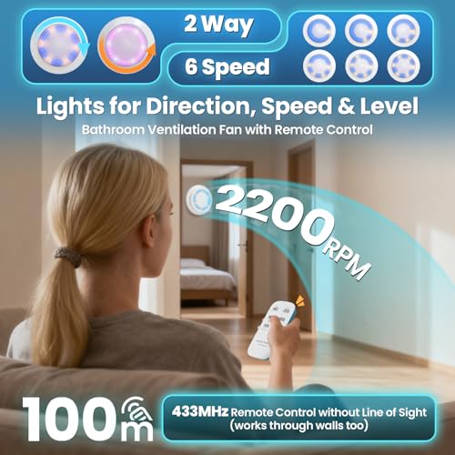 Bathroom Fan 150 mm 6 Rotation Levels 2-Way 350 m³/h Extractor Fan with Remote Control, Visible Direction Speed Indicators, 8 W Energy-Saving Motor, Memory Function, Quick Dehumidification