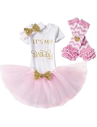 Baby Girl Its My 1st/2nd Birthday Cake Smash 3/4Pcs Shinny Sequin Bow Romper+Tutu Skirt+Headband+Leg Warmer Outfit, 4pcs 1st Birthday Pink (1 Year), One Size