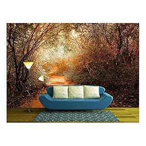 Surreal Colors of Fantasy Landscape at Tropical Jungle Forest with Tunnel and Path Way Through Lush - Removable Wall Mural | Self-Adhesive Large Wallpaper - 66x96 inches