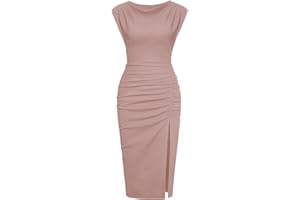 IHOT 2025 Women's Mock Neck Side Slit Ruched Bodycon Cocktail Party Wedding Guest Midi Dress