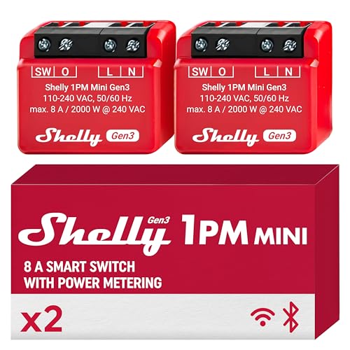 Shelly 1PM Gen3 - WLAN Smart Relais Schalter, Strommessung, Stromzähler, 1 Kanal, 8A, Lichtschalter, Heizung, Smart Home, Zeitschaltuhr, Alexa & Google Home, Kein Hub Erforderlich (2 Stück)