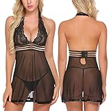 ADOME Women Lingerie Halter Babydoll Lace Chemise Outfits V Neck Nightwear Teddy