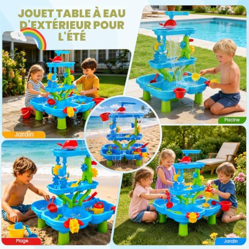 4 Tier Water Table for Children, 4 in 1 Water Games and Outdoor Sand with Accessories (Incl. Sand Mould, Shovel, Watering Can, Activity), Educational Activity Table for Boys and Girls Aged 3+