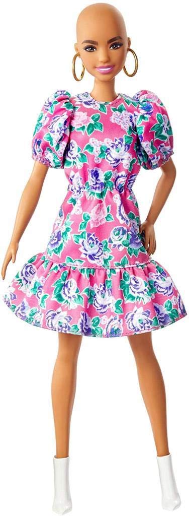 ​Barbie Fashionistas Doll #150 with No-Hair Look Wearing Pink Floral Dress, White Booties & Earrings, Toy for Kids 3 to 8 Years Old, GHW64