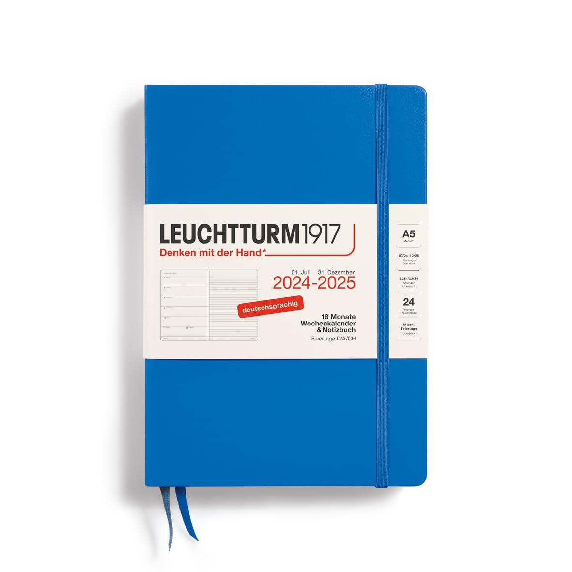 LEUCHTTURM1917 370618 Weekly Calendar & Notebook Medium (A5) 2025, 18 Months, Sky, German