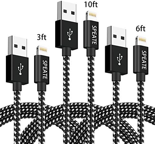 SPEATE,Lightning Charger Cables,3PCS 3FT 6FT 10FT Extra Long Nylon Braid Lightning Cord Charger Cable Compatible with iPhoneX/8plus7/7Plus/6/6s/6plus/6splus/5s,iPad, iPod and More (Black+Silver white)