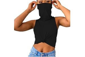 WUAI-Women Mask Tank Tops Hoodie Shirt Sleeveless Casual Loose Crewneck Face Cover Tops Vests Blouse T-Shirt