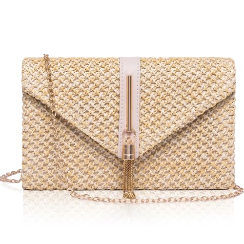 Larcenciel Women's Straw Bag, Women's Tassels Summer Beach with Detachable Chain, Elegant Boho Envelope Raffia Clutch Party, Casual Shoulder Bag Hand Wallet for Weddings Holidays, 21.7 x 5.5 x 13.5 cm