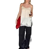 Women Lace Trim Satin High Low Tops Silk Spaghetti Strap Asymmetrical Side Split Cami Top Flowy Silky Layering Tops