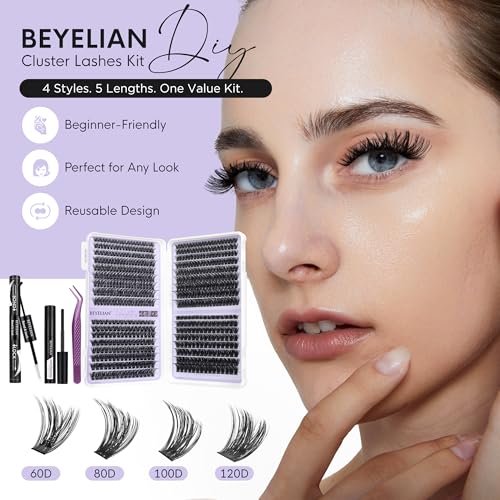 BEYELIAN Cluster Lashes Kit 608Pcs Lash Clusters with Glue and Remover and Lash Tweezer, Volume Clusters Lash Book Kit D Curl Eyelash Extensions for DIY at Home 8-16mm (60D+80D+100D+120D)
