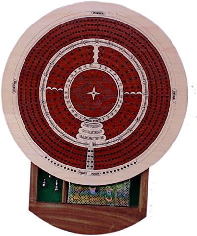 BKRAFT4U Best Cribbage Board - 11 Inches Round Shape 4 Stepped Tracks Continuous Cribbage Board Set in Maple/ Walnut Wood with 2 Decks of Cards and Metal Pegs.