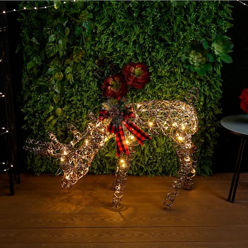 Alpine Corporation 43" Tall Rattan Grazing Reindeer with Bow and 80 Warm White…