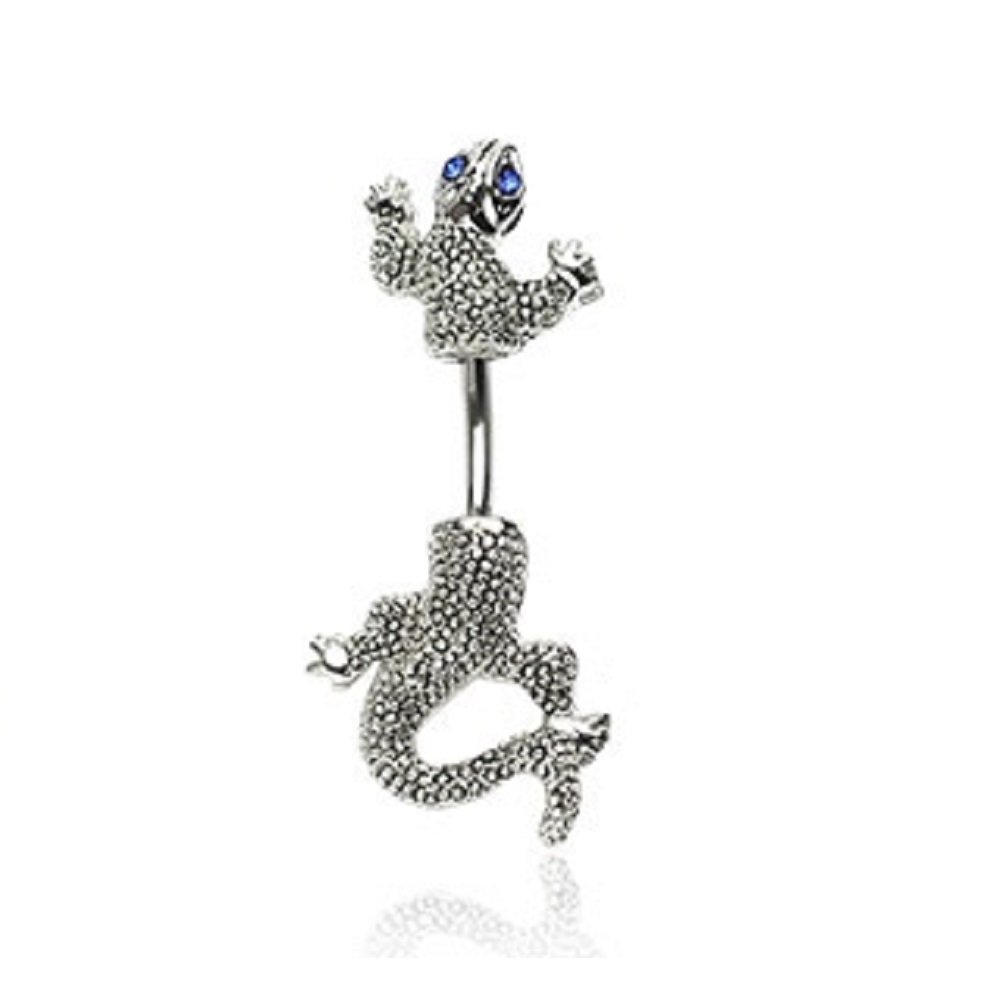 PiercedOff 316L Surgical Steel Chameleon Belly Bar with Blue CZ Eyes - Length 10mm