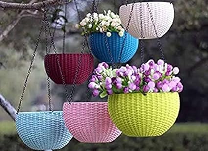 sacriti Hanging Basket Flower pots Outdoor and Indoor use with Chains Multi Assorted Colours PVC