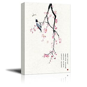 Chinese Ink Painting Style Red Blooming Flowers and Bird