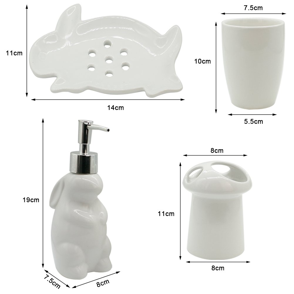 Zeewoo Badezimmer Set Toiletten Badset Badgarnitur 5-TLG Seifenspender, Becher, Seifenschale, Zahnbürsten Halter, Niedlichen Stil Kaninchen Form Badezimmer Dekoration und Home Geschenk Set, Weiß