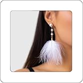 Rannyrena Fluffy Feather Drop Dangle Earrings Vintage Pearl Flocked Feather Tassel Earrings Long Statement Ear Accessories for Women