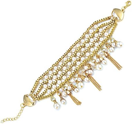 Delicin Gold Tone Chain with Simulated Peal Three Row Link Bracelet