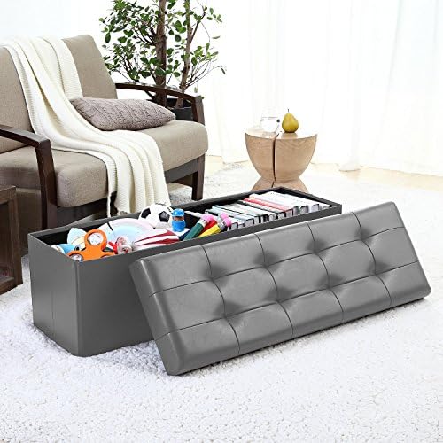 Ellington Home Foldable Tufted Faux Leather Large Storage Ottoman Bench Foot Rest Stool/Seat - 15" x 45" x 15" (Grey)