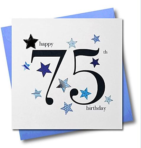 Claire Giles Greeting Cards, Happy 75th Birthday Card, Blue Stars design Age 75 Birthday Greeting Card, Embellished with a padded star