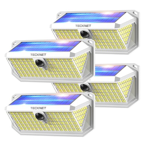 Luz Solar Exterior, 4200lm 416 LED Focos Led Exterior Solares de Movimiento 300° Iluminacion 3 Modos IP66 Impermeable Focos Led Solares para Jardín, Garaje, Patio, 4 Paquete