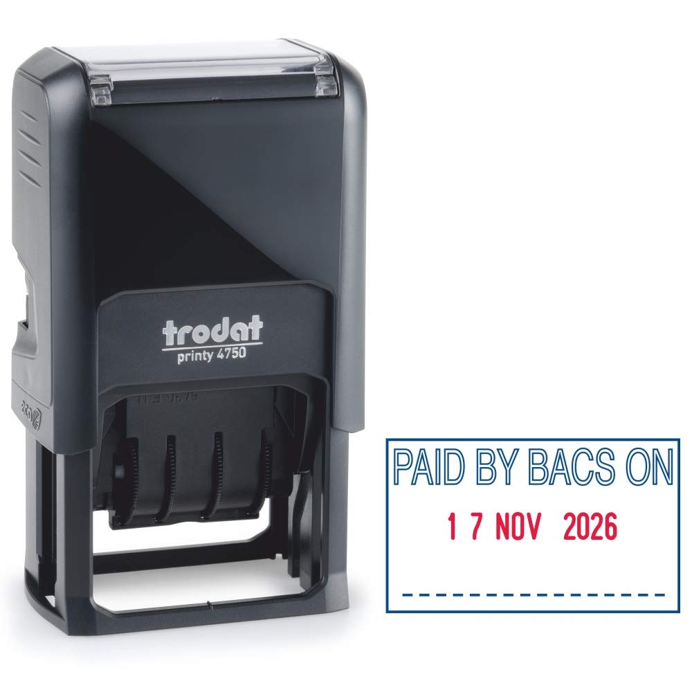 Trodat Printy 4750 Dater Stamp with English Phrase PAID BY BACS ON - Self Inking, Red Ink Date and Blue Text, Black