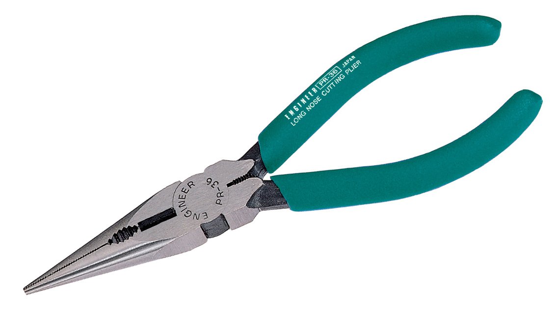 Long Nose Pliers (160mm) with Integral Wire Cutting Jaws + Wire Stripping Hole. Made in Japan. ENGINEER pr-36