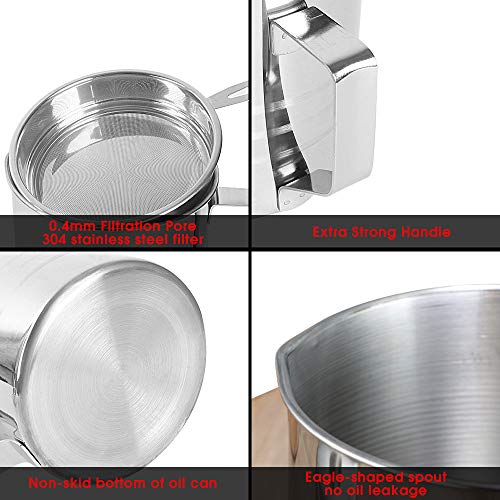 Chihee Oil Strainer Pot Grease Can, 1.2 L Stainless Steel Oil Storage Can Container with Fine