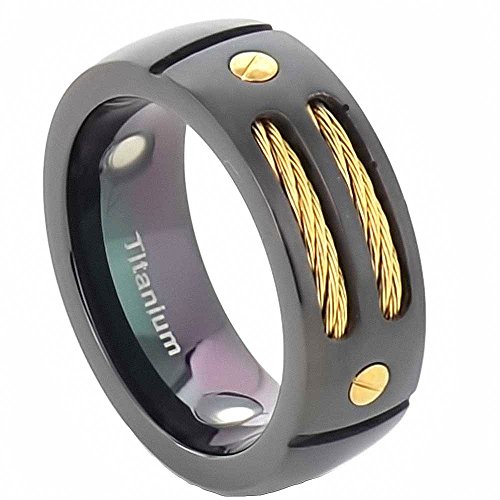 8mm Men Black Titanium Ring Wedding Band Gold Tone Stainless Steel Cables & Screw Head Design size 11 SPJ