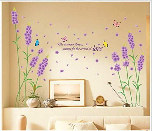 Mustbe 2 Sets Wall Decals for Girls and Boys Room Living Room Study Room - Peel and Stick, Removable, Wall Stickers - Create the Perfect Jungle Scene for Your Nursery - Violet Lavender Flower Blossom Green Bristlegrass