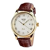CakCity Men's Business Analogou Casual Watches Quartz Waterproof Wrist Watch with Golden Dial Brown Leather Band