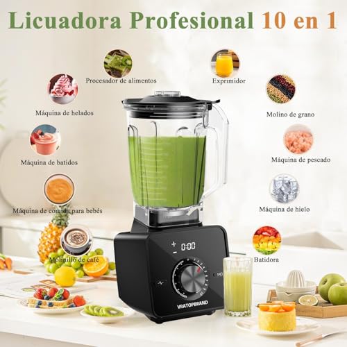 VRATOPBRAND Licuadora Profesional, Licuadora Autolimpiable con Vaso de 2L Apta para Lavavajillas, 10 Velocidades Ajustables, 6 Funciones (Modelo 107 de 1400W)