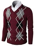 Mens Casual Slim fit V-Neck Long Sleeve Argyle Pullover Sweater