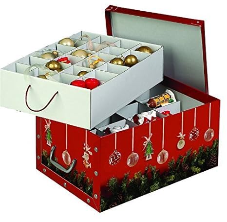 Kreher Weihnachtlicher XL Deko Karton mit Einsätzen für ca. 40 Weihnachtskugeln. Aus stabiler Pappe mit Griffen aus Kunststof