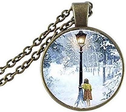 Litter StarGlass Dome Pendant Art Neckalce Narnia The Lion The Witch And The Wardrobe Lucy And Lamp-Post Necklace Glass Photo Cabochon Necklace Birthday Anniversary Valentine'S Day Christmas'S Day Graduation Gift For Men For Women Antique Bronze Plated