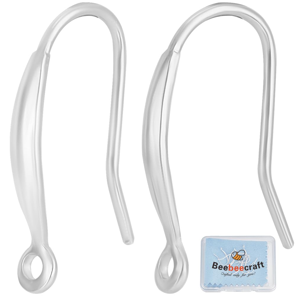 Beebeecraft 1 Box 10Pcs 925 Sterling Silver Earring Hooks Hypoallergenic Fish Hooks with 1.4mm Hole and 1Pcs Silver Polishing Cloth for Jewelry Making Earring Supplies
