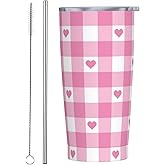 TOUNHEYA Checkered and Heart Tumbler with Lid and Straw Checkerboard 20oz Insulated Stainless Steel Cup Pink Travel Coffee Mug Water Bottle for Women Gift for Birthday Christmas
