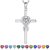 Iefil Cross Necklace for Women - 925 Sterling Silver Birthstone Necklace, Anniversary Birthday Gifts for Women Wife