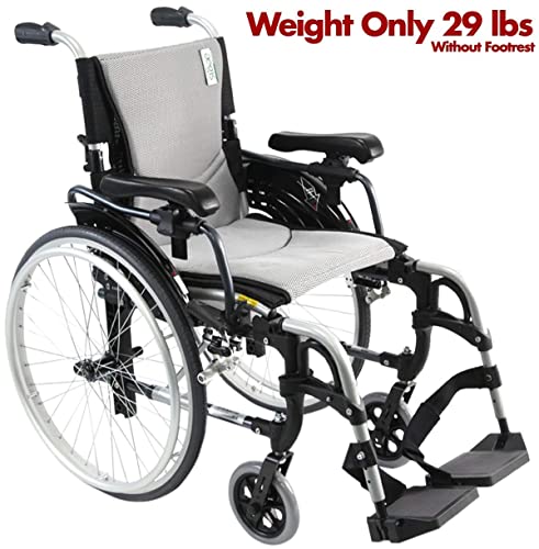 Karman Healthcare S-305 29 lbs Ultra Light Ergonomic Wheelchair with Removable Footrest and Quick Release Wheels Silver Color