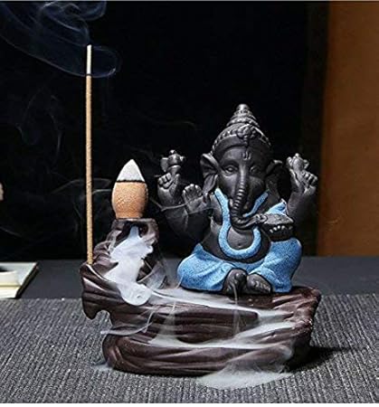 Arham Trades Ganesha Smoke Fountain Incense Burner Lord Ganeshji Smoke Backflow Cone Incense Holder Decorative Showpiece Idol Incense Fountain Statue with Free 10 Back Flow Incense Cones (Blue) (Blue)