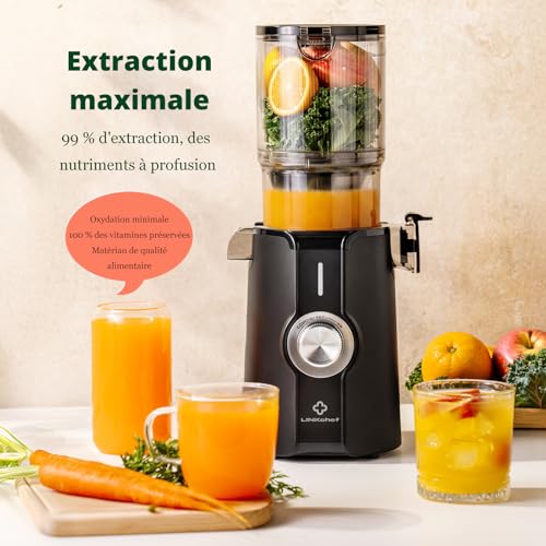 LINKChef Fruit and Vegetable Juicer, Slow Juicer 200 W with Large Opening 115 mm for Whole Fruits, Compact Juice Machine, BPA-Free, Easy to Install and Clean, with 2 Glasses