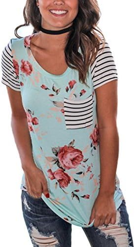 2017 Women's Spring Summer Floral Print Striped Short Sleeve T Shirts Loose Casual Tops,Green,Small