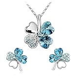 Four Leaf Clovers Set, Aqua Four Leaf Heart Crystal Necklace and Stud Earrings