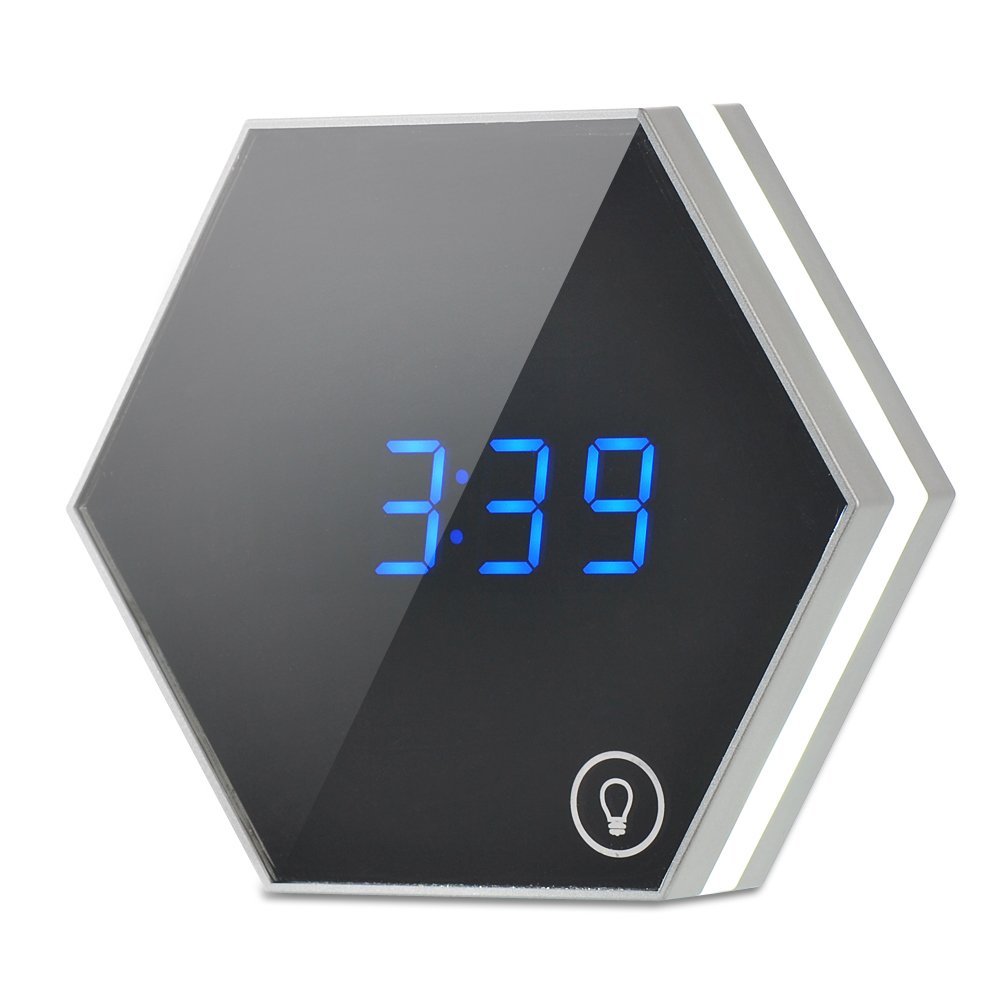 Yapeach Mirror Alarm Clock, Touch Sensor Night Light, Date Temperature Display, Long Press Adjustable Lighting for Women Seeking Beauty/Getting up at Night