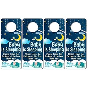 (4 Pack) Baby Sleeping Sign, Do Not Knock or Ring, Door Knob Hanger Sign,3.5 x 8.7 Inch Double Sided Premium Quality PVC…